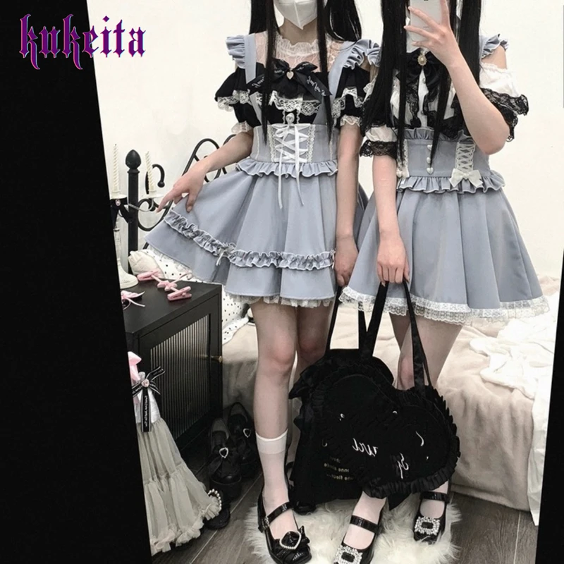 Kukeita Gothic Lolita Kawaii Skirts Women Japanese Sweet Lace Up High Waist Ruffles Suspender Mini Skirt Harajuku Y2k Outfit
