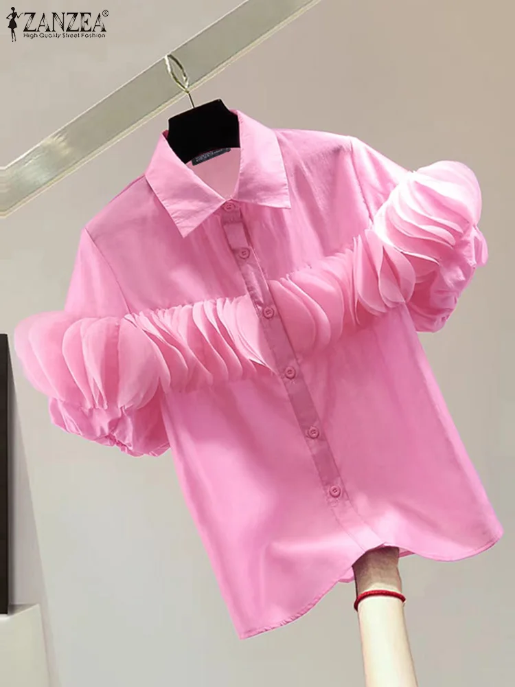 

ZANZEA Women Summer Shirt Chic 2024 Fashion Puff Short Sleeve Ruffle Blouse Elegant Party Tunic Ruffle Blusas Casual Loose Tops