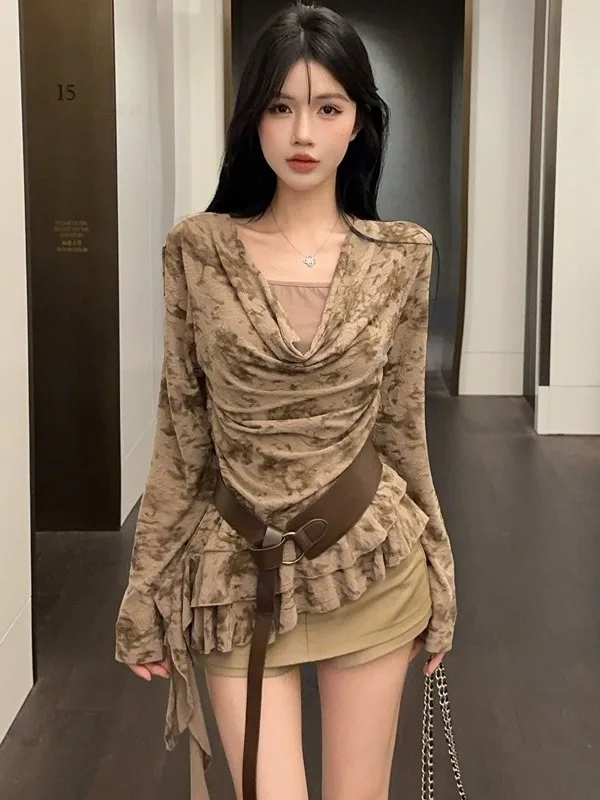 

American Style Long Sleeve T-Shirt Women's Fashionable Belted Top Floral Print Loose Fit Citywalk Autumn New Arrival