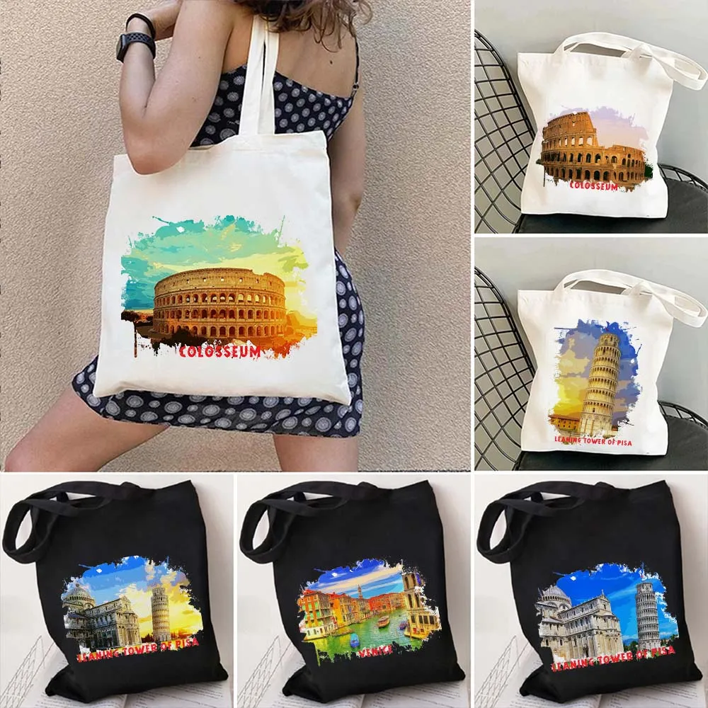 

Pisa Tower Colosseum Venice Italy Watercolor Ink Oil Painting Shoulder Canvas Cotton Tote Bag Reusable Harajuku Shopper Handbags