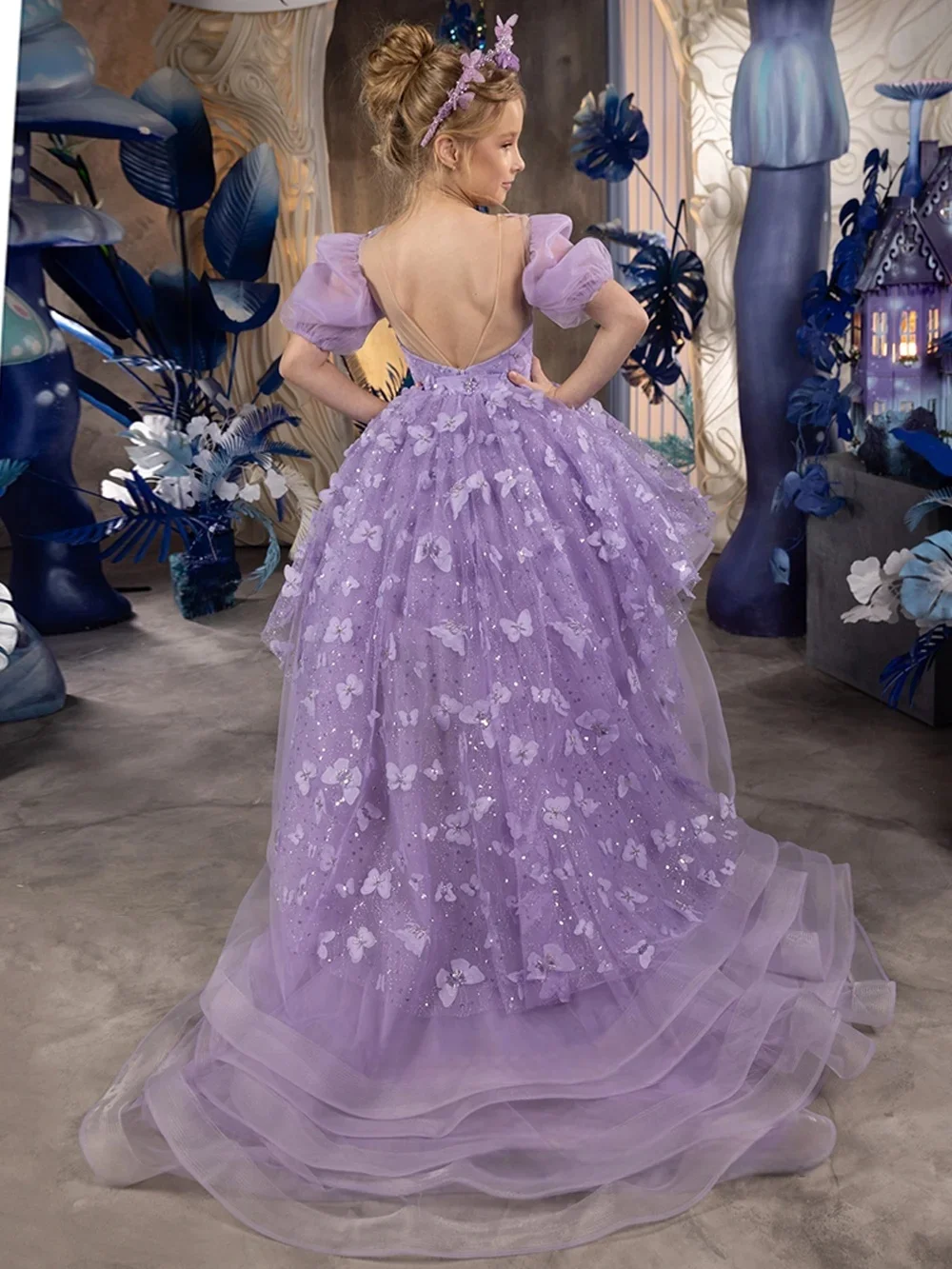 

Custom Flower Girl Dress Wedding Party Gown Pageant Puff Sleeve Tulle Dress with Train for Girls Birthday Formal Wear فساتين بنا