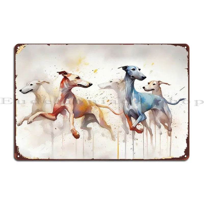 Greyhounds Running With Misty Splash Paint Background Metal Plaque Poster Wall Decor Designing Living Room Club Tin Sign Poster