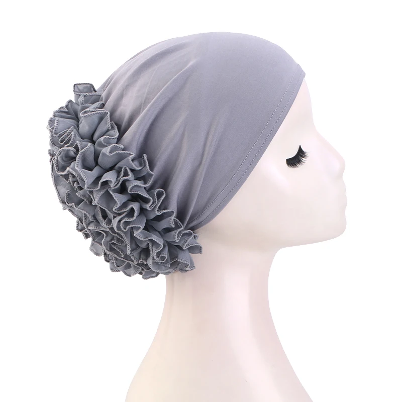 Neuer atmungsaktiver Chiffon-Hut mit großen Blumen, einfarbig, dünne Bodenkappe, islamischer Kopfwickel, elastischer Anti-Haarausfall-Hut für Damen – Detail 7
