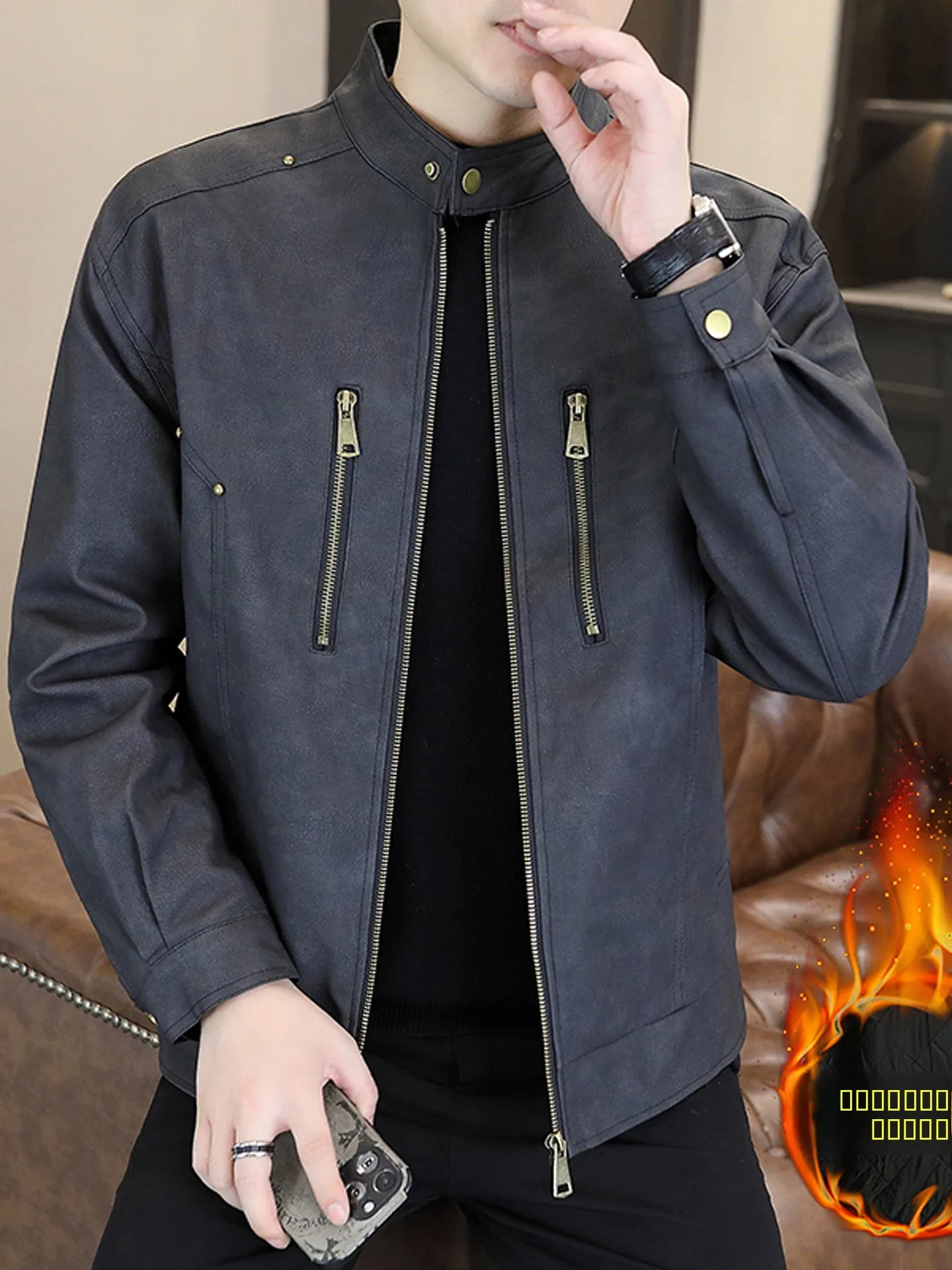 

Men's Suede Jaet Zipper Collar Thiened Cotton PU Leather Warmth Casual Faion Winter Coat Long Sve Stand Collar Jaet