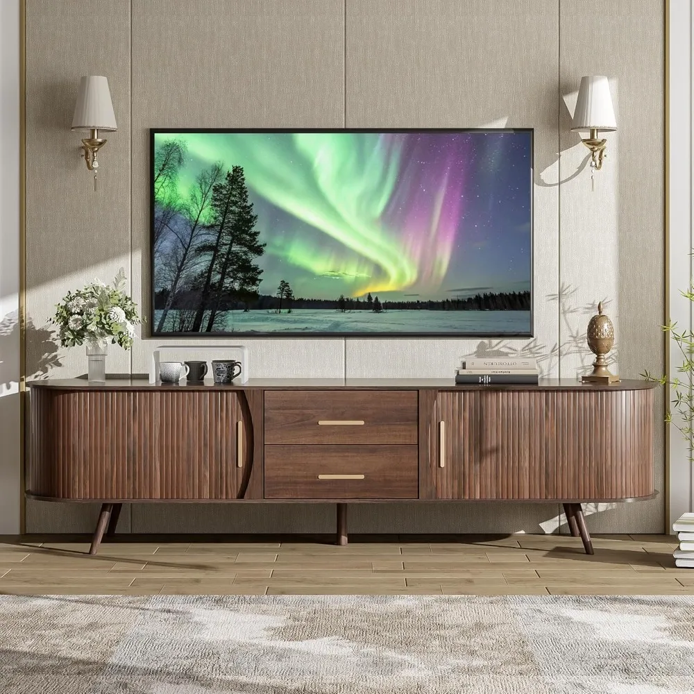 

70 flute TV stand, suitable for TVs under 80 inches, medieval entertainment center, with sliding Tambor doors and drawers