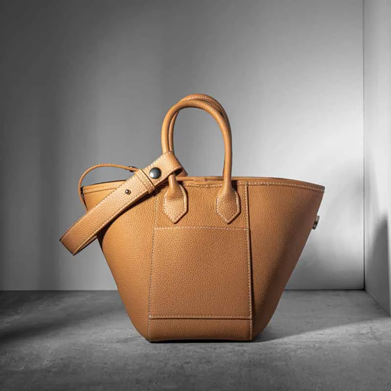 Niche Design Genuine Leather Vegetable Basket Women's Bag Temperament Soft Leather Bucket Bag Portable Bags Shoulder Female Lady