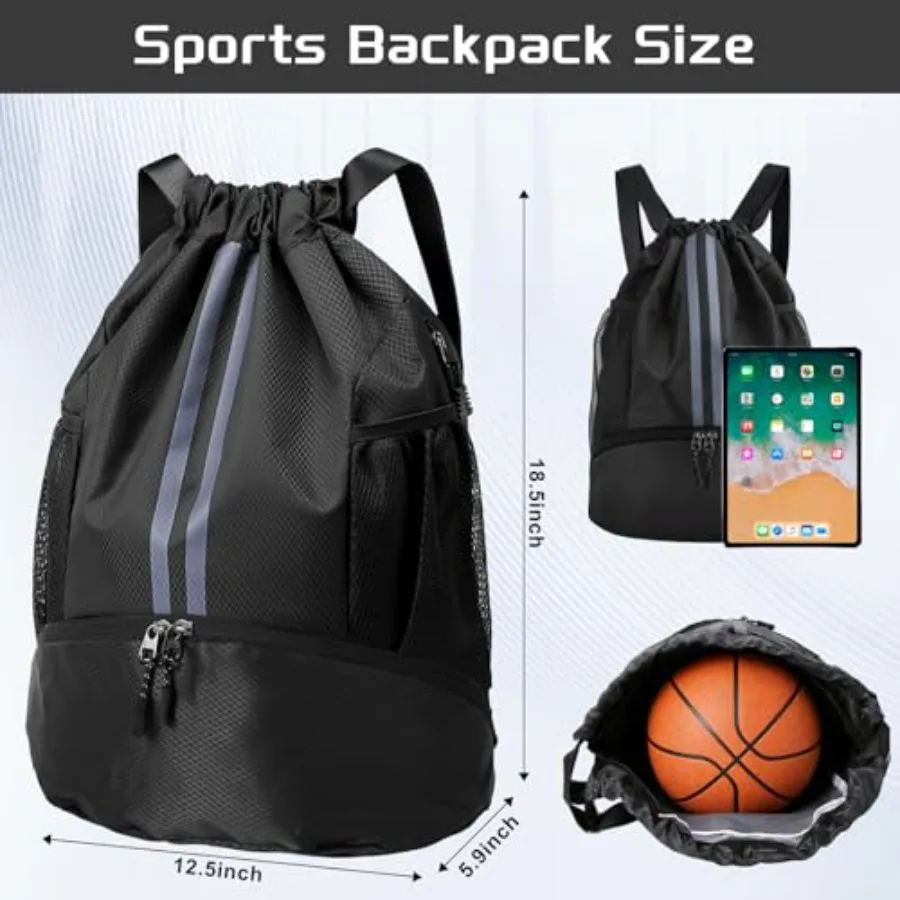 Sports Drawstring Backpack with Shoes Compartment, String Gym Bag with Wet Proof Pocket for Basketball, Soccer, Swim, Sport Bag view 2