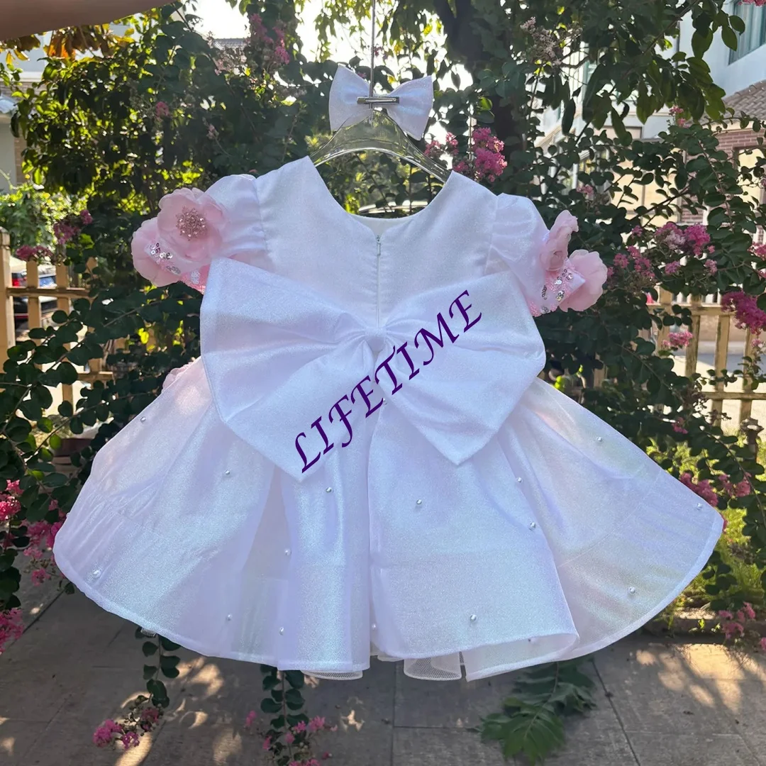 فستان فتاة الزهور الفضي ذو الأقواس اللامعة المخصصة بأكمام منتفخة بطول الركبة للأميرة للأطفال لحفلات الزفاف وأعياد الميلاد فستان رسمي