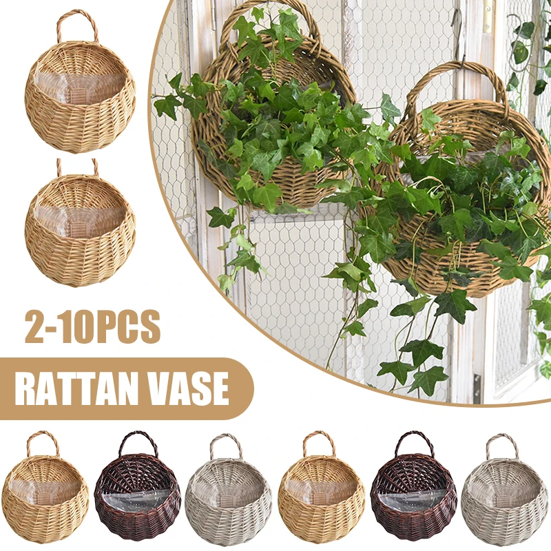 

2/4/8/10pcs Wall Hanging Handmade Wicker Rattan Flower Basket Green Vine Pot Planter Hanging Vase Wall Plant Basket For Garden