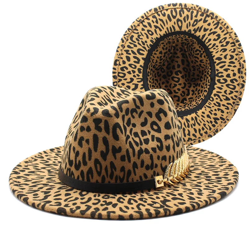 Women Leopard Open Road Hat Fedora Hat Fashionable Wide Brim Fedora Felt Panama Hats Classic Belt Buckle