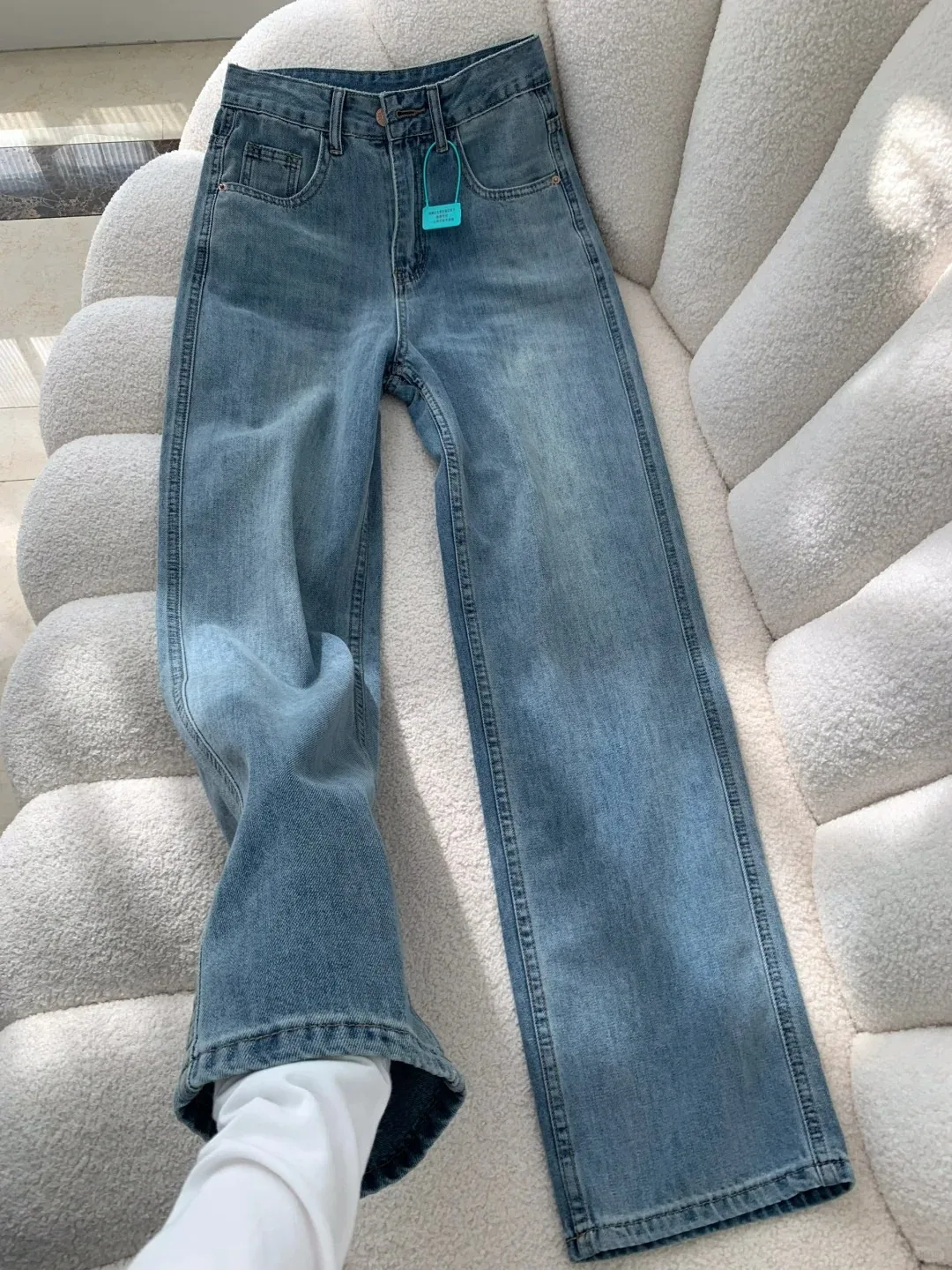 

Джинсы с широкими штанинами в корейском стиле, женские, с высокой талией, прямого кроя, весенняя новинка, тонкая модель, универсальные, легкие, для повседневной носки