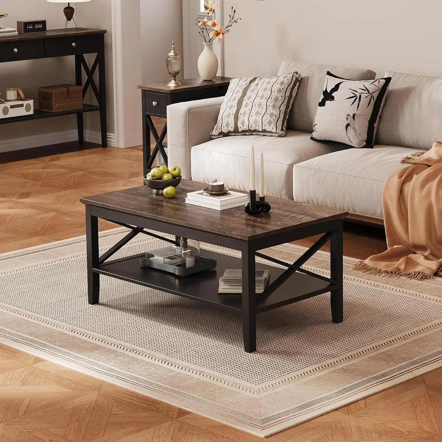 

Coffee Table, Wooden Coffee Tables with Thicker Legs, Black Coffee Table with Storage for Living Room