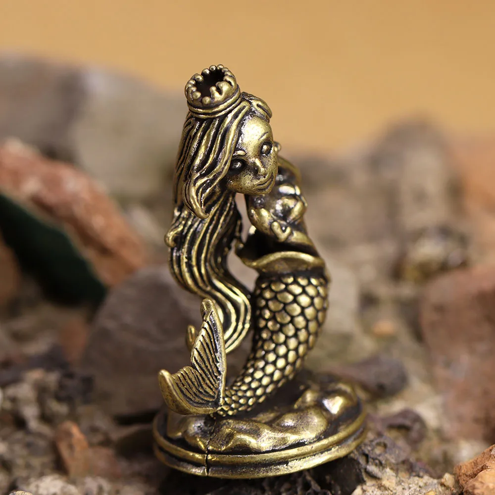 Brass Mermaid Princess Small Statue Retro Characters Miniatures Figurines Desktop Decorations Crafts Home Decors Ornaments ﻿