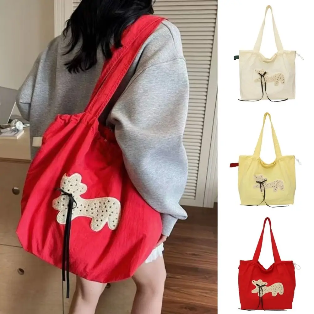 Soft Nylon Drawstring Shoulder Bag Large Capacity Puppy Bow Pattern Versatile Handbag Lightweight Travel Tote Bags Casual Outing