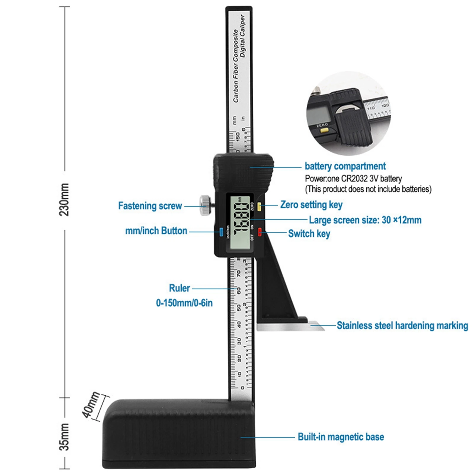 0-150mm Digital Height Gauge Electronic Height Gauge Vernier Caliper Ruler Wood Table Marking Ruler Woodworking Measuring Tools