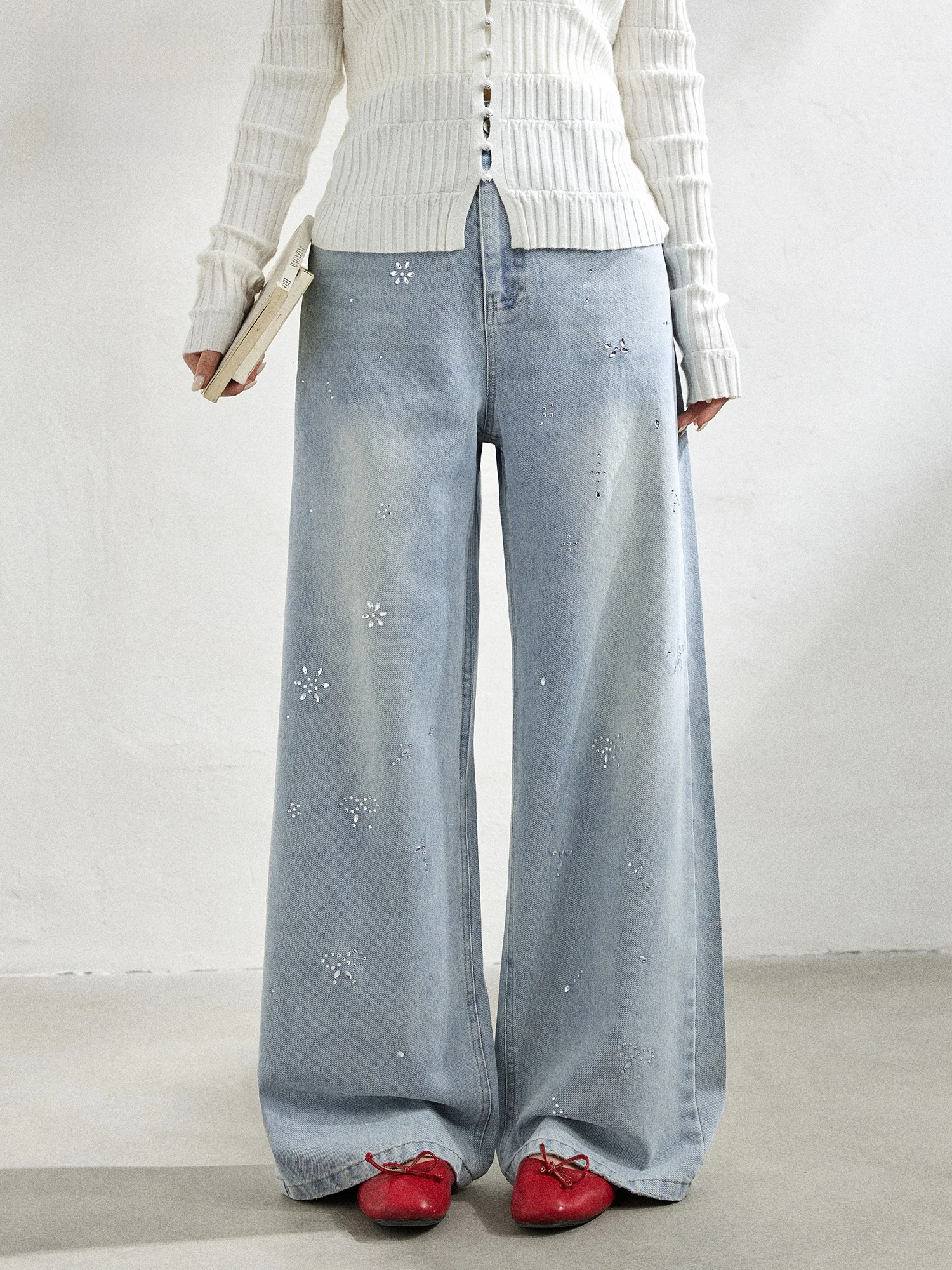 

Slimming Korean Sle plus Size Women's Jeans Wide Leg Pants High Waist Denim with Hotfix Rhinestones Spring Faion