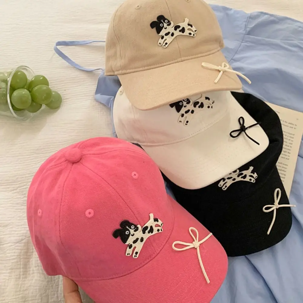 Fashion Spotted Puppy Embroidery Baseball Cap Bow Sunscreen Sun Hat Visors Korean Style Peaked Cap Outdoor