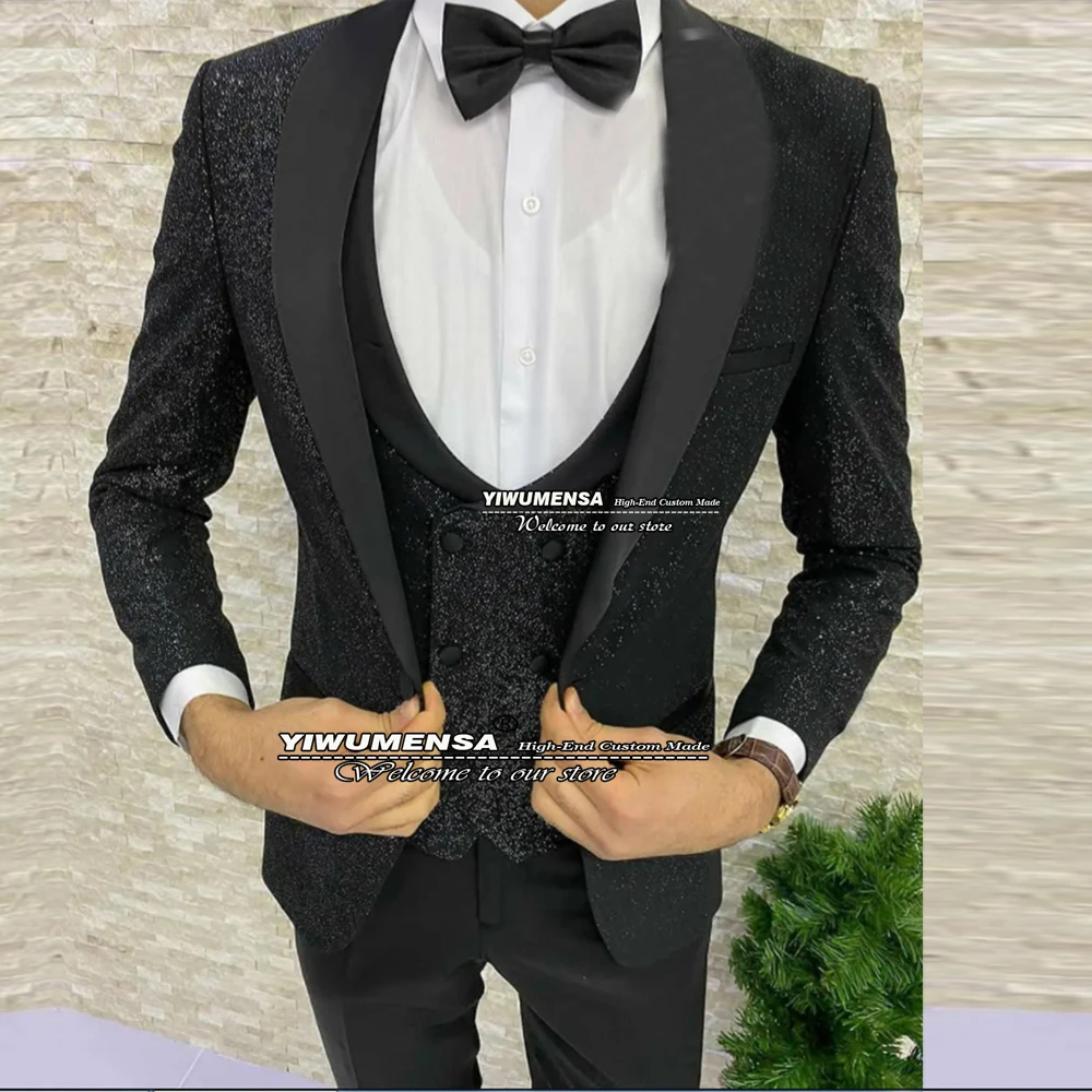 

Spring/Autumn Black Wedding Tuxedo Formal Suits Men Slim Fit Glitter Sequins 3 Pieces Evening Party Dress Custom Made Blazers