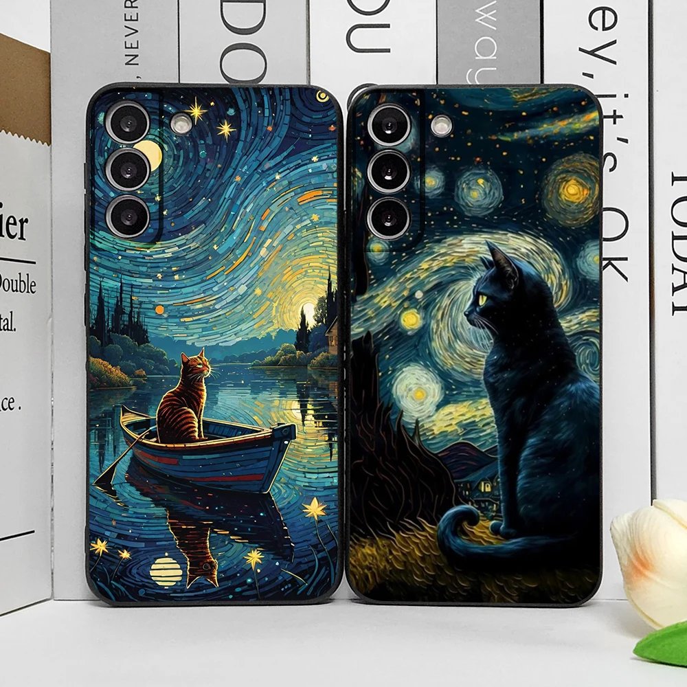 

Cute Van-Gogh Starry Night Cat Phone Case for Samsung Galaxy S22 S23 S24 Ultra S25 Plus S21 FE 5G Soft Silicon Cover Fundas Capa