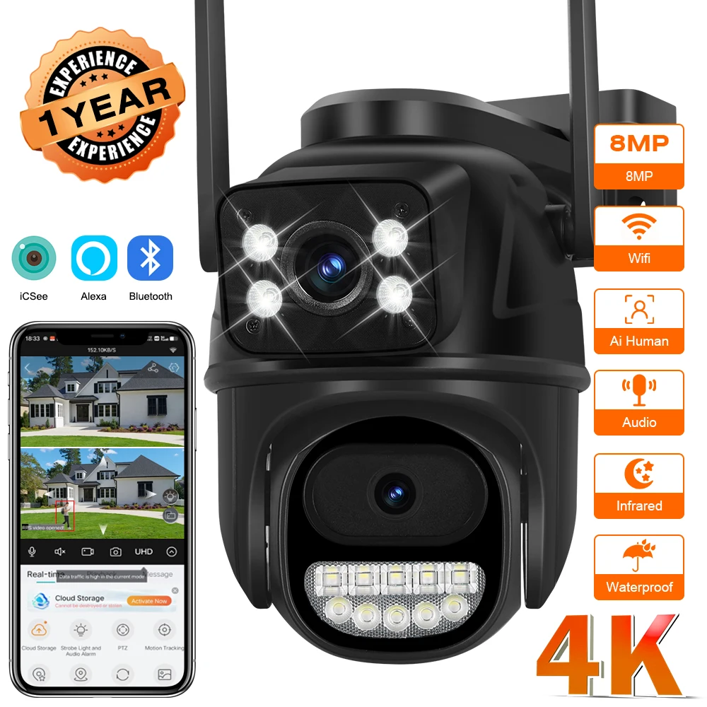 8MP 4K Wifi Camera Dual Lens Ai Auto Tracking Waterproof Security CCTV Video Surveillance Camera Police Light Alarm IP Camera