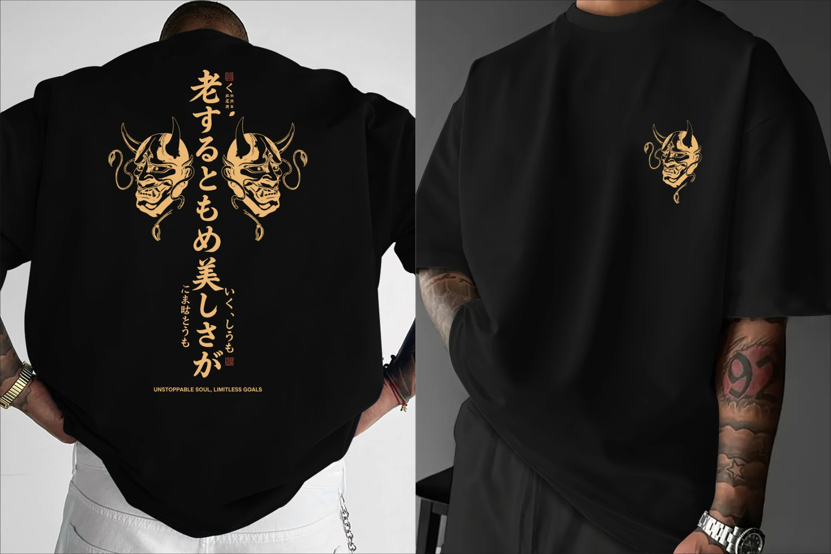 Sommer-T-Shirt für Herren aus 100 % Baumwolle, japanischer Stil, Maskenmuster-Druck, pflegeleichter Stoff, geeignet für Anime-Enthusiasten