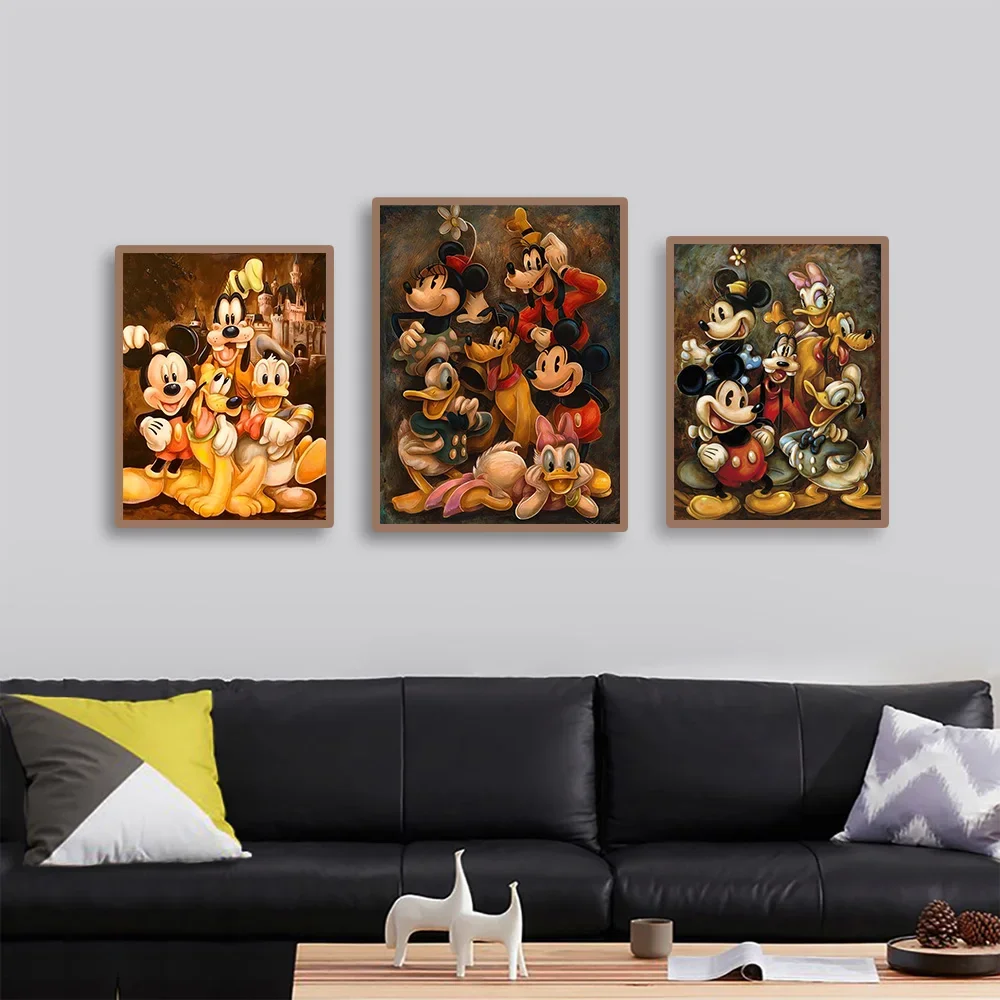 MINISO Disney Mickey Mouse Donald Duck Vintage Wall Mural Home Living Room Bedroom Decorative Art Posters Children\'s Room Canvas