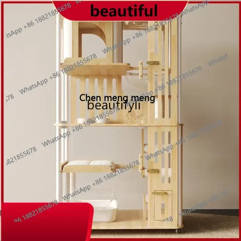 

Solid wood panoramic cat villa can put automatic cat litter box tempered glass wood H
