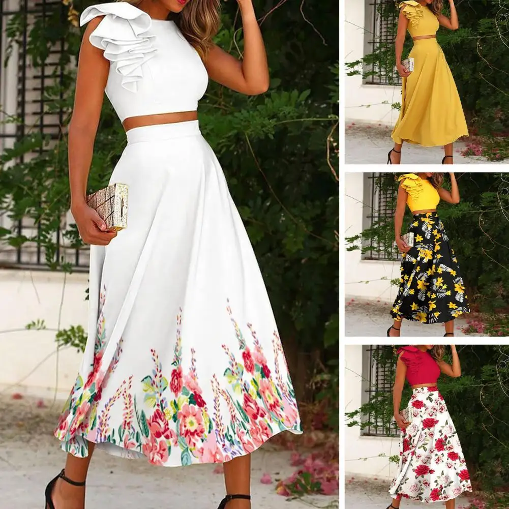 

2 Pcs/Set Summer Skirt Set Short Top Colorful O Neck Flower Print Women Skirt Set Female Clothes