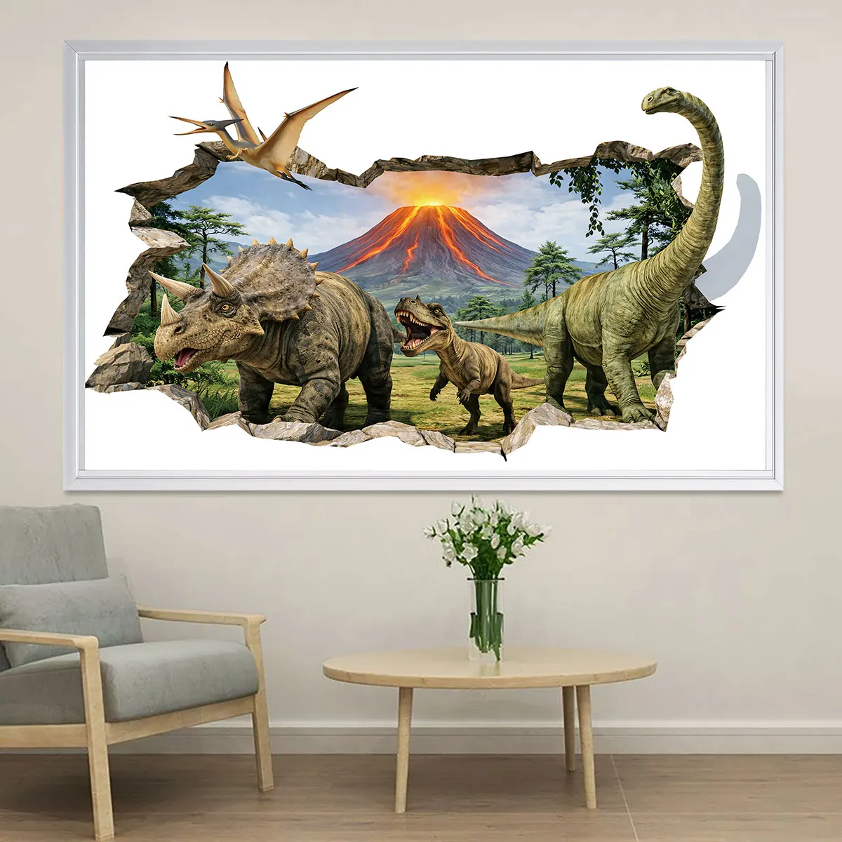1 Piece Dinosaur Volcano Eruption Dimensional Wall Sticker Printed Self-Adhesive Removable Wall Sticker PVC Moisture-Proof