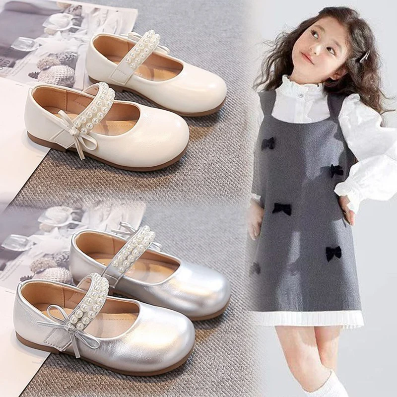 Girls' Silver Shoes New Spring and Autumn Children Mary Jane Little Leather Shoes Girls Pearl Bow Princess Shoes