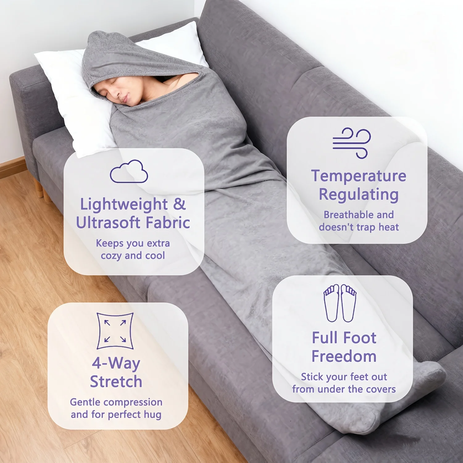 Hooded Sleep Blanket, Wearable Blanket with Comfortable Hood, Velvet Fabric, Heavy Blanket Alt, Cool Feeling, Machine Washable