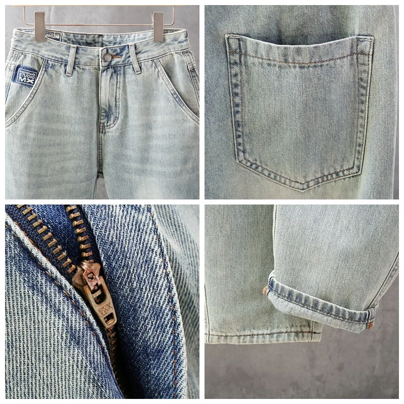 Celana denim pria musim gugur terbaru, warna terang, efek cuci, model sedikit meruncing, longgar, trendi, serbaguna, dan ramping.