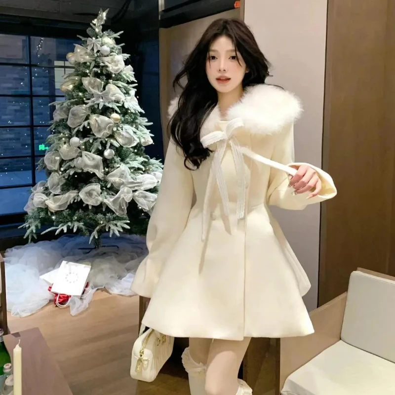 Kerst Lolita Kawaii Lange Mouw Lange Mix Vrouwen Casual Pure Kleur Jas Zoete Anime Knop Patchwork Strikken 2025, Herfst