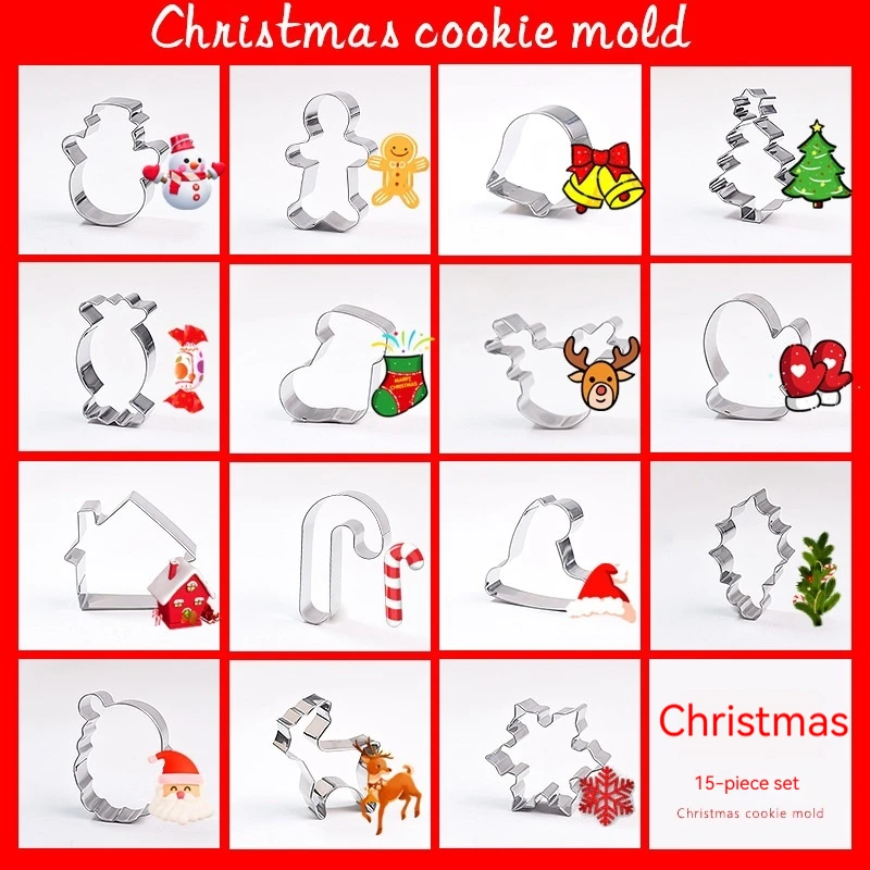 Cookie Molds Christmas 15 Pieces Set Stainless Steel Cookie Cutting Creative Cartoon Cookie Stamping Sugar Cake Cookie Molds