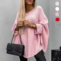 Women’s Sweater Tops Casual Knitted Long Sleeve Cape Sweater Solid Color Knitted Pullover Cape Round Neck Shawl Crochet Sweater