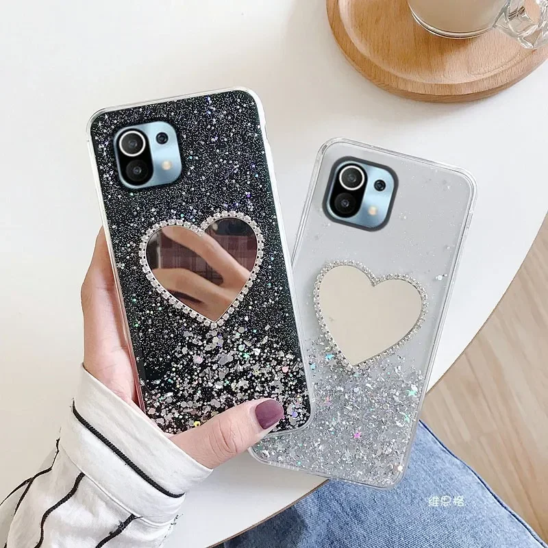 Glitter Case For Xiaomi Poco X3 M3 Pro X3 NFC F3 Redmi 12 12C 10C 9T 10A A1 Note 8 Pro 8T A2 9A 7 Epoxy Heart Mirror Cover