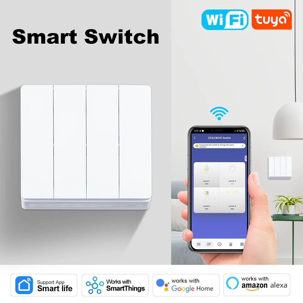 

WiFi Smart Switch EU Light Wall Push Button Switch Need Neutral Wire Tuya Smart Life Work with Alexa Google Home 1/2/3/4 Gang