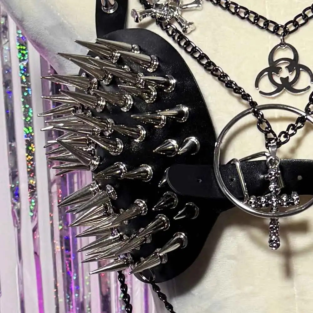 

Панк-рок с заклепками и шипами, цепочка для электронных девочек, гранж, Харадзюку Y2K, веганские кожаные топы, готические ремни, танк, эмо, ручная работа, сделай сам