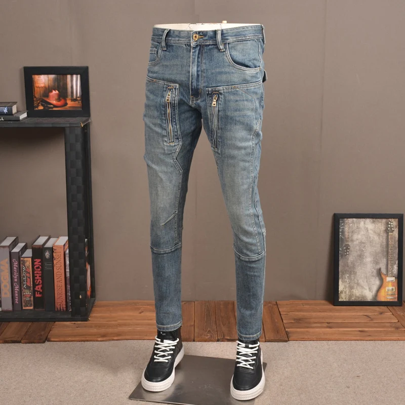 Jean Déchiré Slim Rétro Bleu pour Homme, Pantalon de Motard en Denim, Style Hip Hop, à la Mode, FjZipper