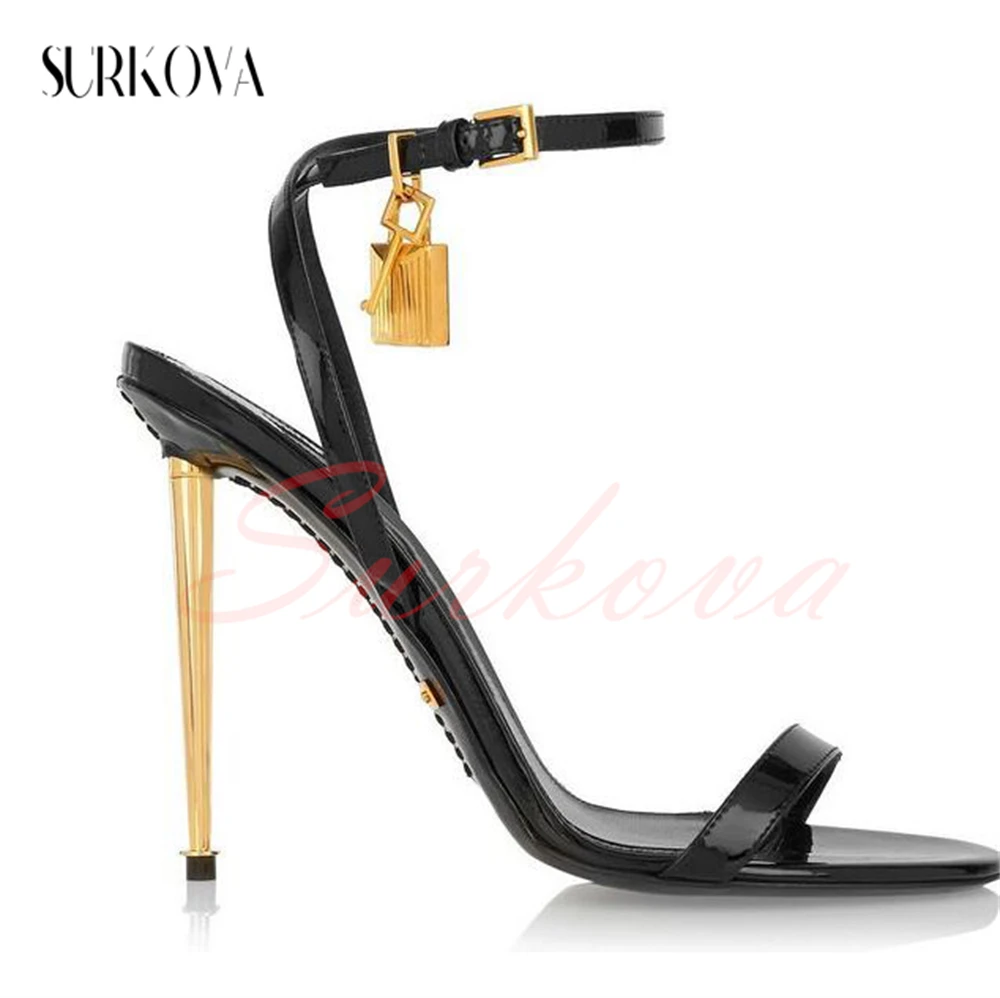 

Metal Mirror Lock Narrow Band High Heel Sandals Concise Pointed Open Toe Sandals Sexy Stilettos High Heel Runway Shoes for Women