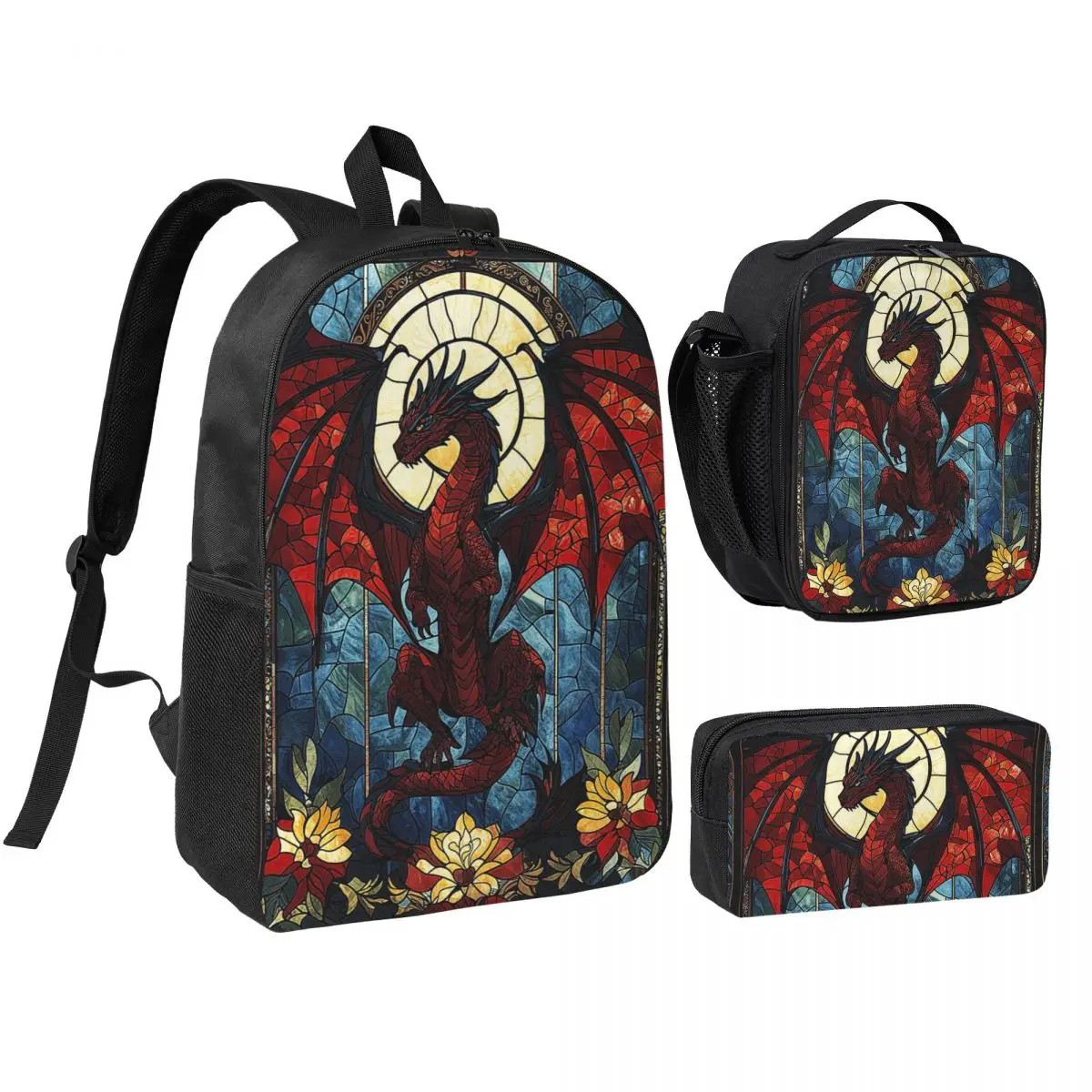 Vibrant Dragon Glass Art Backpack Boys Girls BookBag School Bag Shoulder Bags 3ps Insulated Lunch Bag Pencil Case
