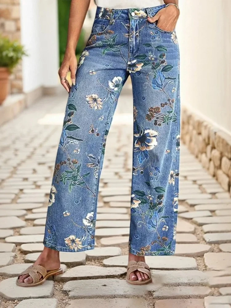 

High Waist Full Length Pockets Distressed Denim Washed Straight Trousers Casual Distressed Women Print Jeans Wide Leg Pants