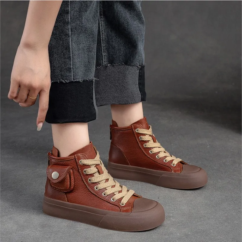 GKTINOO 2024 Autumn Winter New Retro Lace-up Flat Platform Shoes Genuine Leather Thick Soled Round Toe Casual Women\'s Shoes