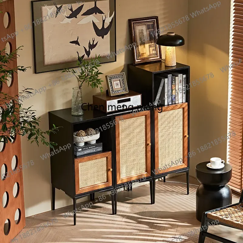a55 Solid wood rattan three-bucket cabinet medieval wabi-sabi wind high and low combined cabinet storage, locker