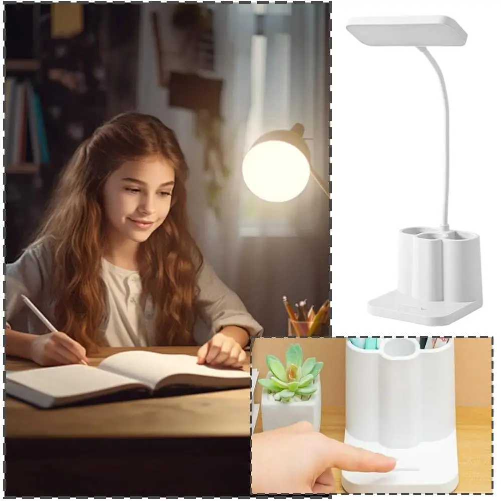 

Настольная лампа с сенсорной регулируемой яркостью, светодиодная лампа для защиты глаз, держатель для ручек, прикроватная лампа для чтения для студенческого общежития, учебный стол, офисное освещение