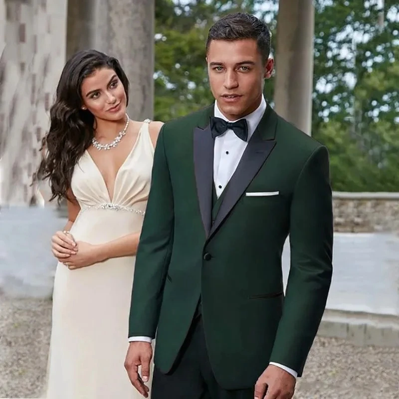 

Luxury Wedding Men's Suits For Groomsmen Green Full Set Black Peaked Lapel Elegant 3 Piece Jacket Pants Vest Regular Length 2024