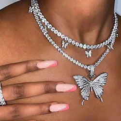 RetroGem Luxury Oversize Shiny Crystal Cuba Butterfly Necklace for Women Hip Pop Rhinestone Butterly Pendant Collar Necklace