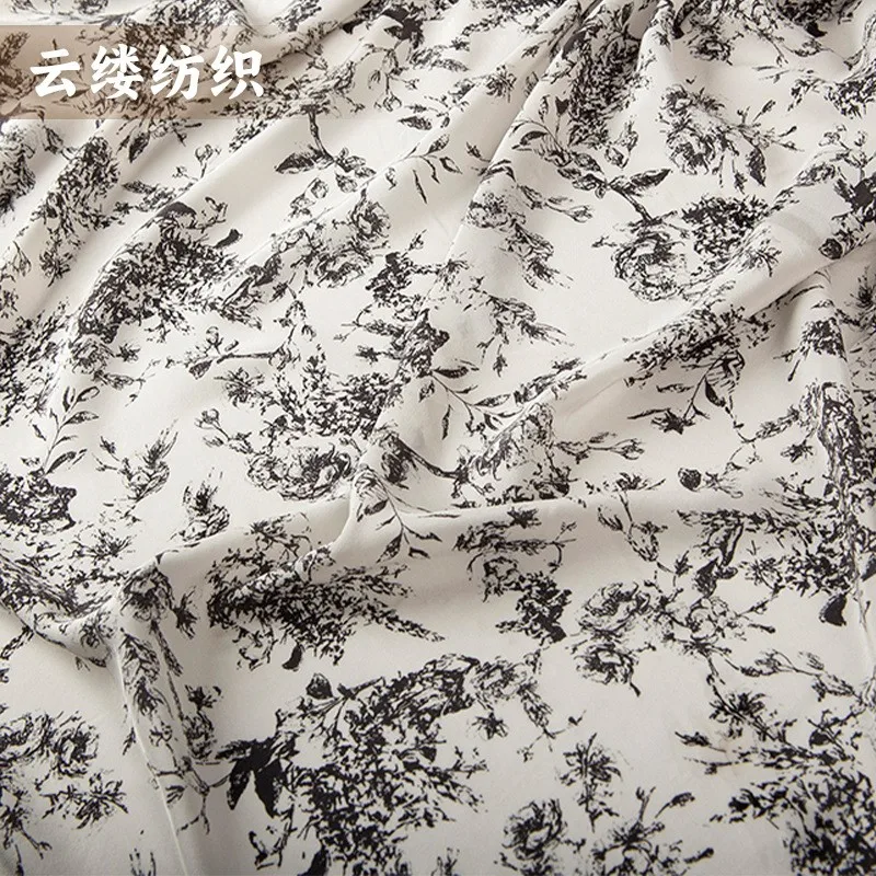 Silk double crepe 16 momme fabric printed pattern black and white ink drape halter dress made