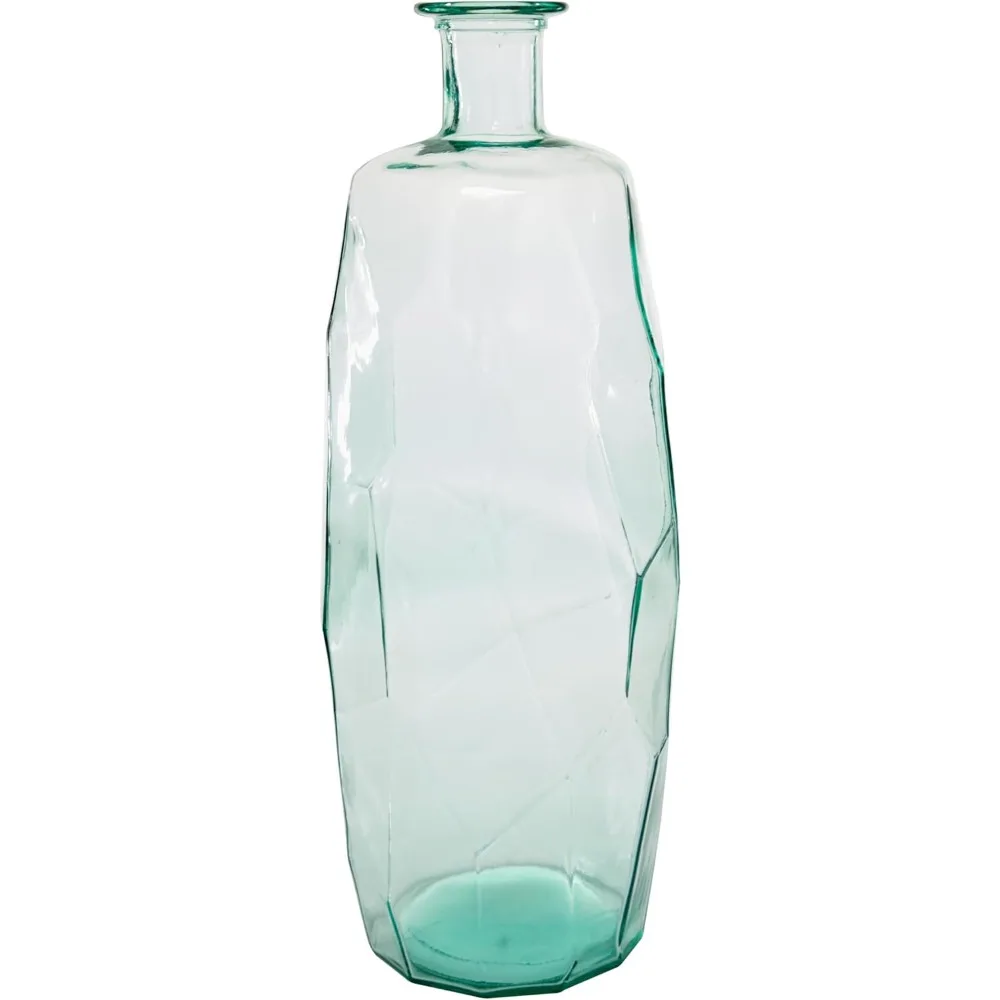 Recycled Glass Handmade Decorative Vase Spanish Tall Faceted Floor Centerpiece Vase with Teal Tint for Home Decoration