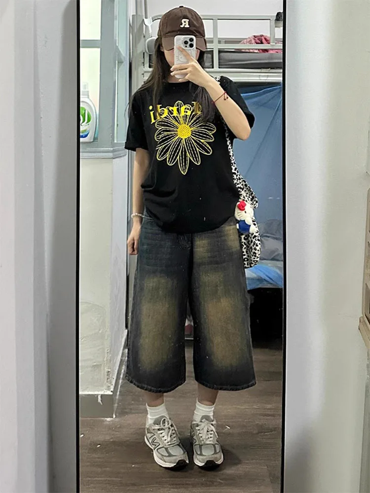 Taglie forti American Retro Denim orts Design autunnale da donna Gamba dritta Dimagrante Pantaloni a gamba larga di media lunghezza Casual Sle